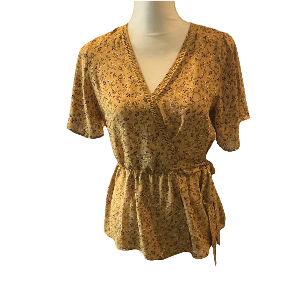Sienna Sky Floral Peplum‎ Top Elastic Waist Faux Wrap Short Sleeve Boho Small